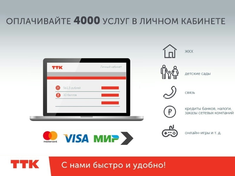Теперь абоненты ТТК в Личном кабинете могут оплачивать счета за ЖКХ, детские сады, связь, кредиты банков...